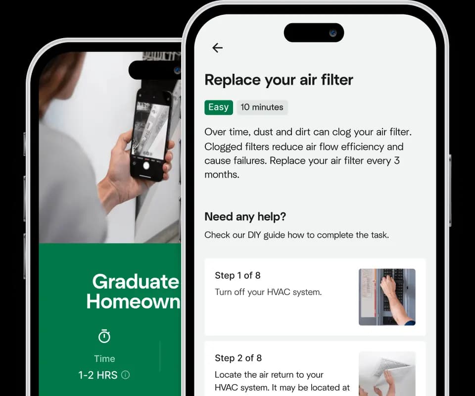 Two Hippo Home app screens: one showing a Graduate Homeowner feature, estimated 1–2 hours and the other showing a guide for replacing an air filter, tagged Easy, 10 minutes, with step-by-step instructions.