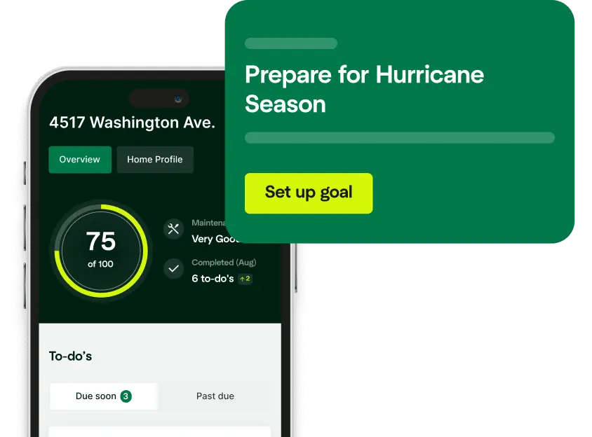 Hippo Home app home profile screen with a score of 75/100 and a Hurricane Season prep prompt.
