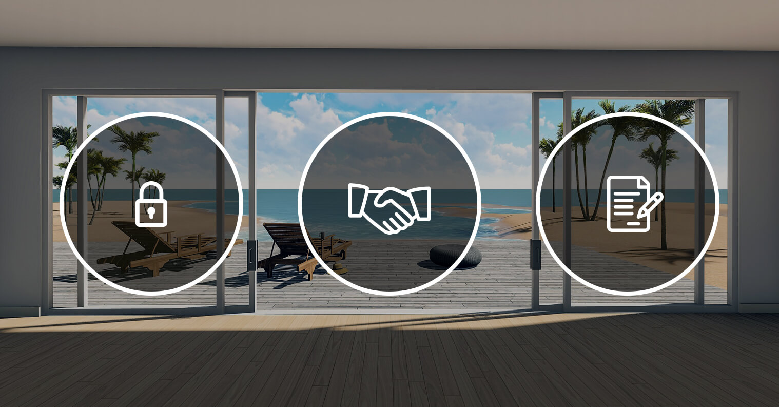  photo of glass doors opening to a beach with overlays of icons of a lock, handshake, and signing a paper