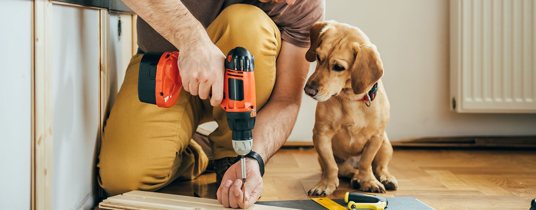A man using a power tool a with a small puppy to his left