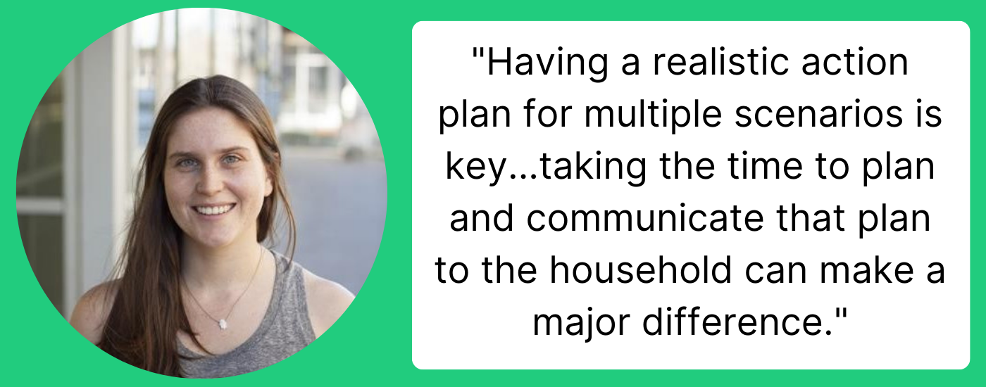 image of home insurance expert Abby with quote, "Having a realistic action plan for multiple key scenarios is key...taking the time to plan and communicate that plan to the household can make a major difference."