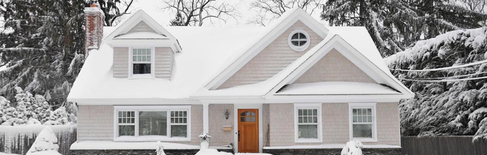 white house covered in snow and surrounded by snowy trees