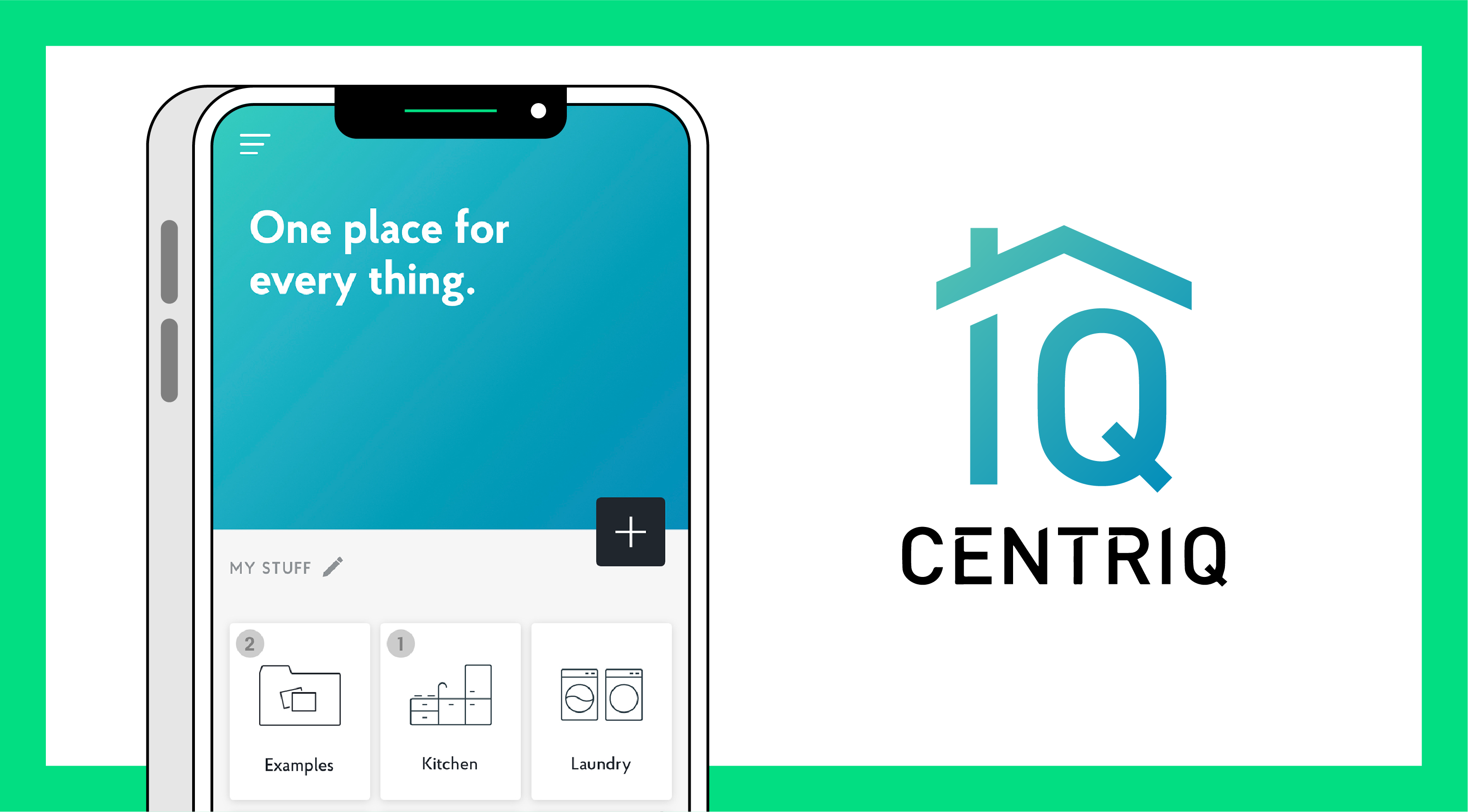 Image of a phone with the centriq app on the screen surrounded by a green border
