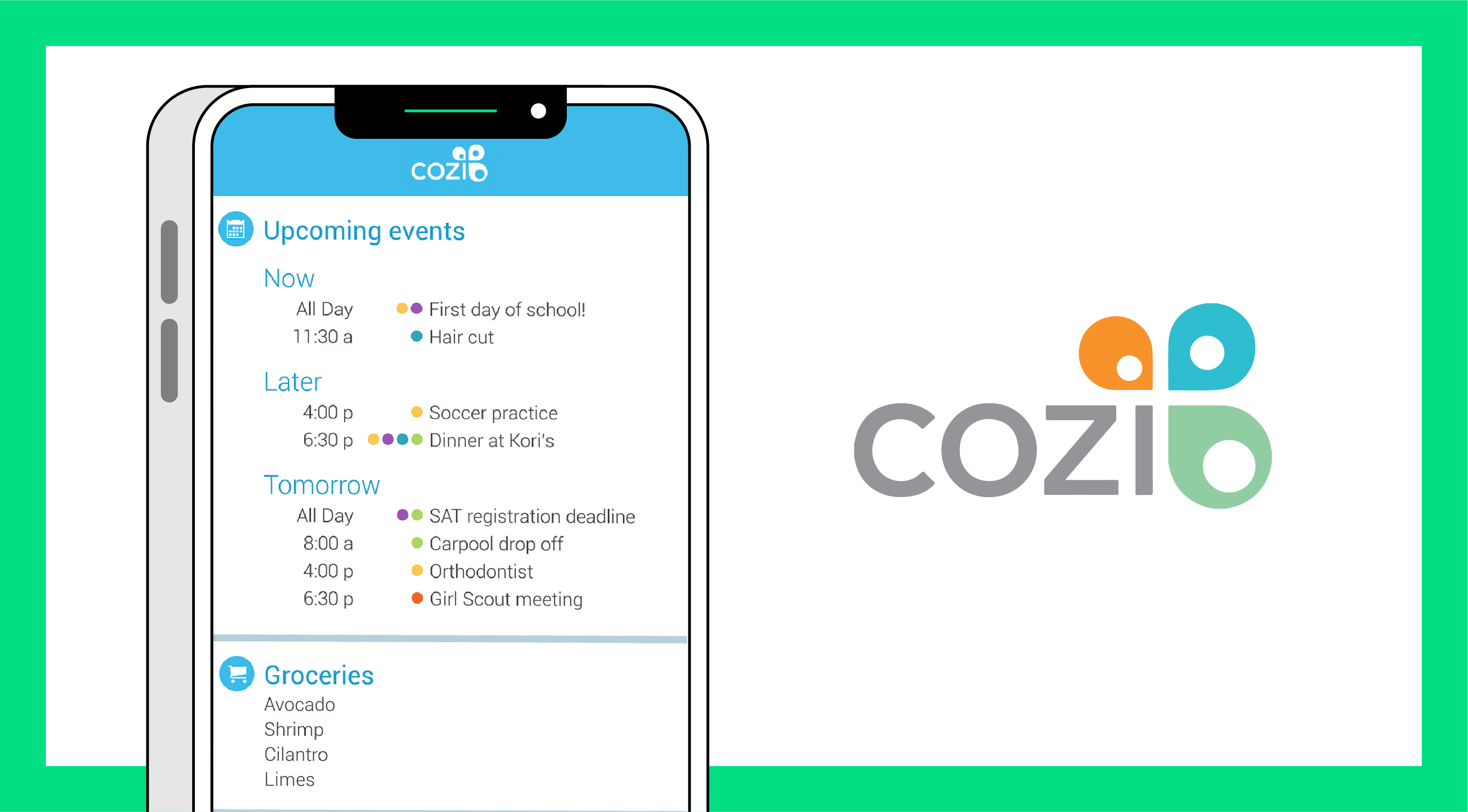 Image of a phone with the cozi app on the screen surrounded by a green border