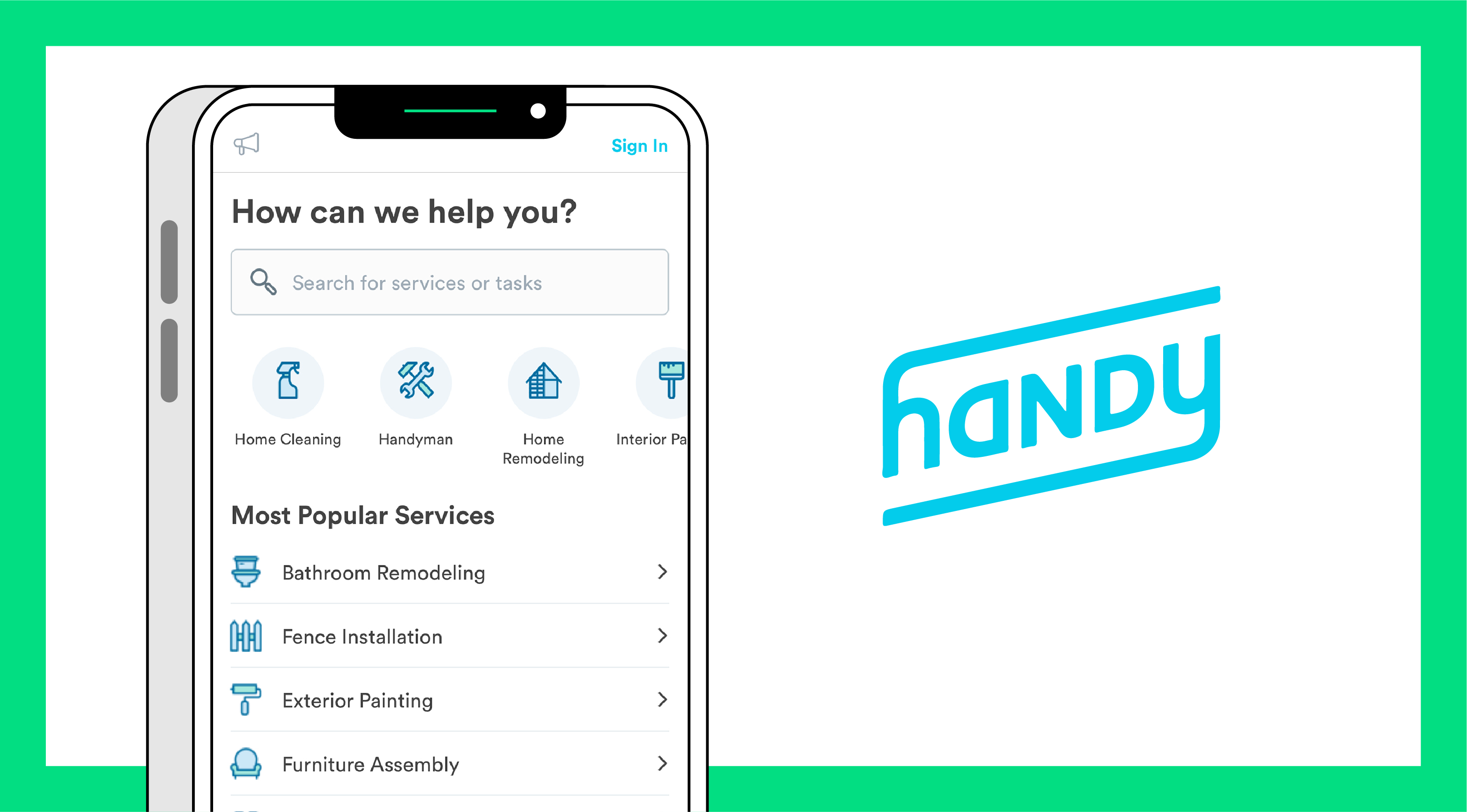 Image of a phone with the handy app on the screen surrounded by a green border