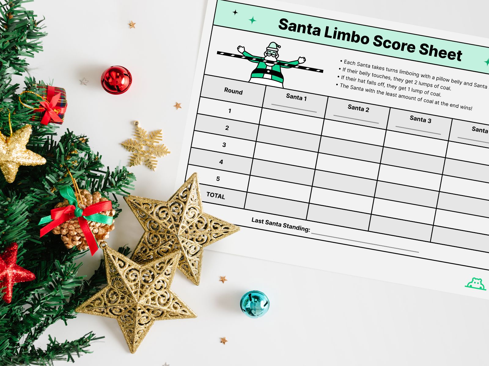 A printable limbo next to Christmas decorations