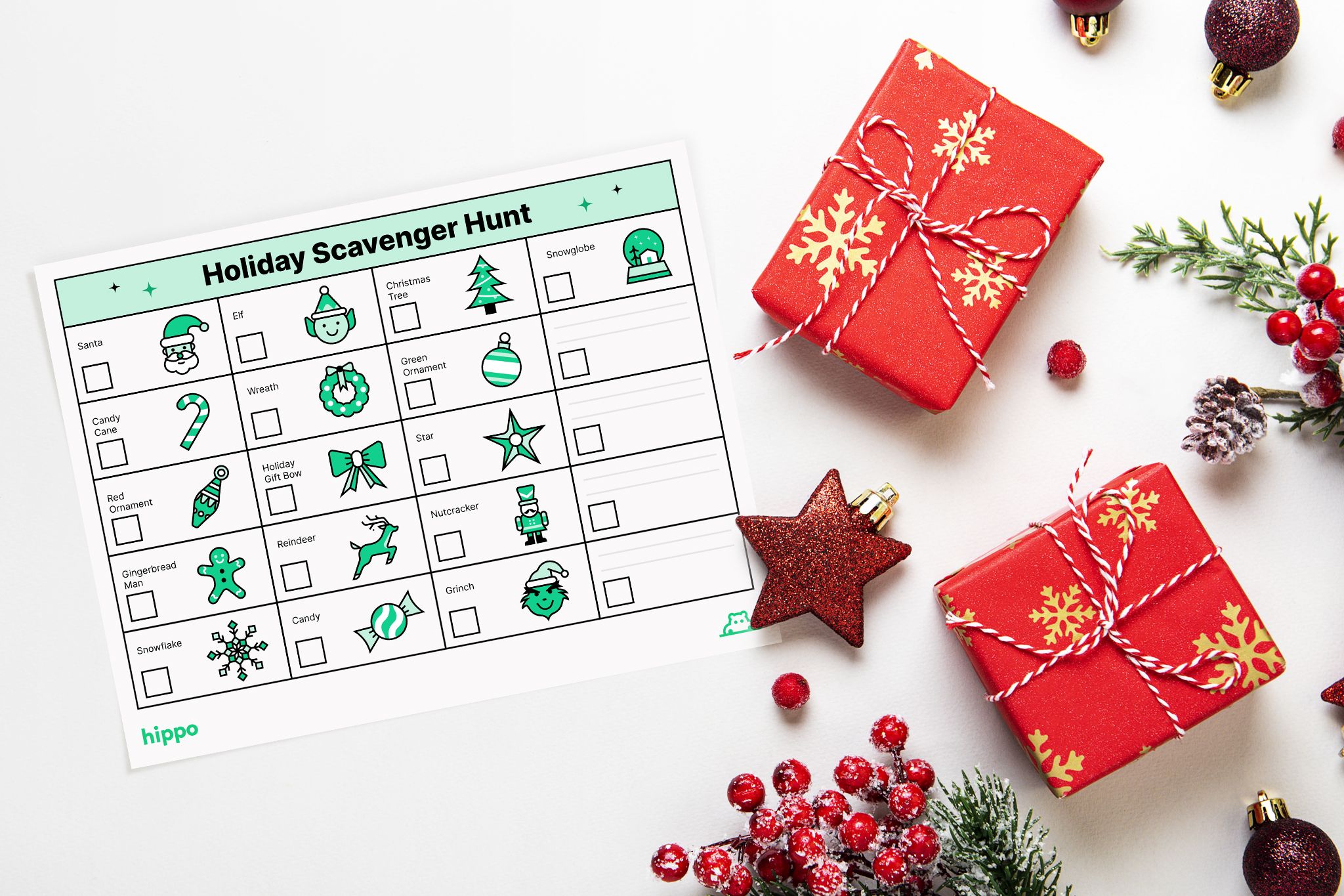 Holiday scavenger printable next to Christmas presents