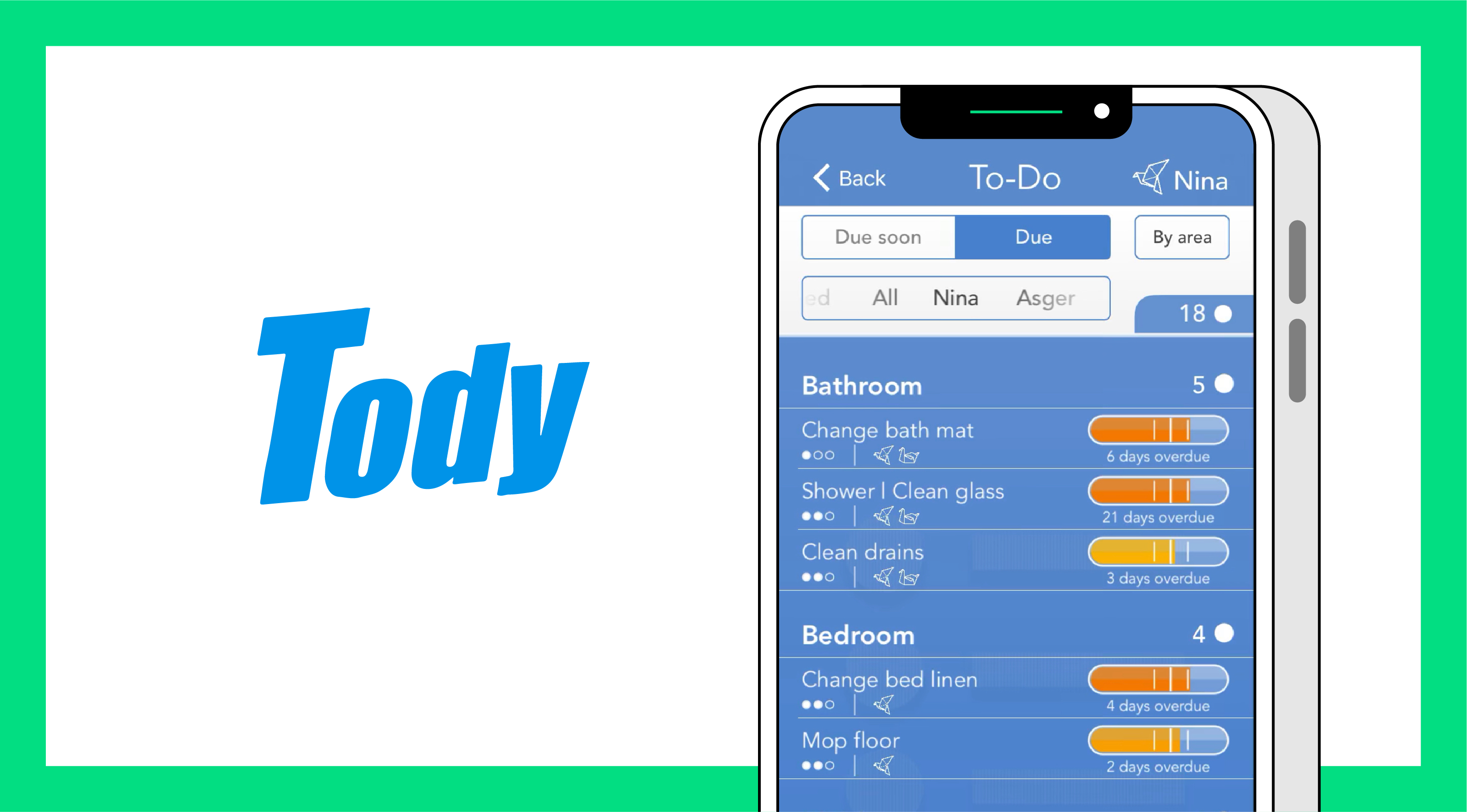 Image of a phone with the Tody app on the screen surrounded by a green border