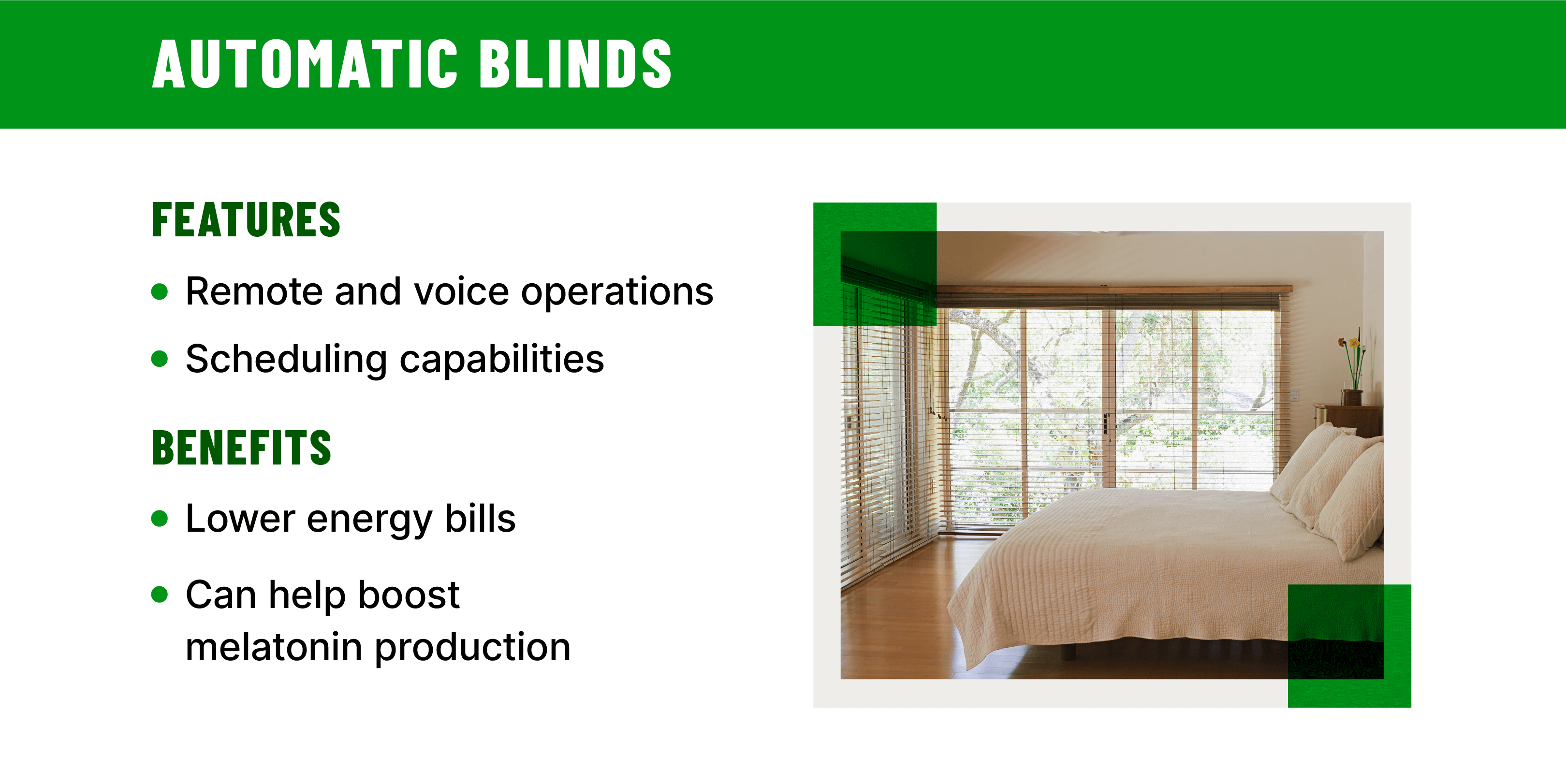 Image of a bedroom with large windows with text describing the features and benefits