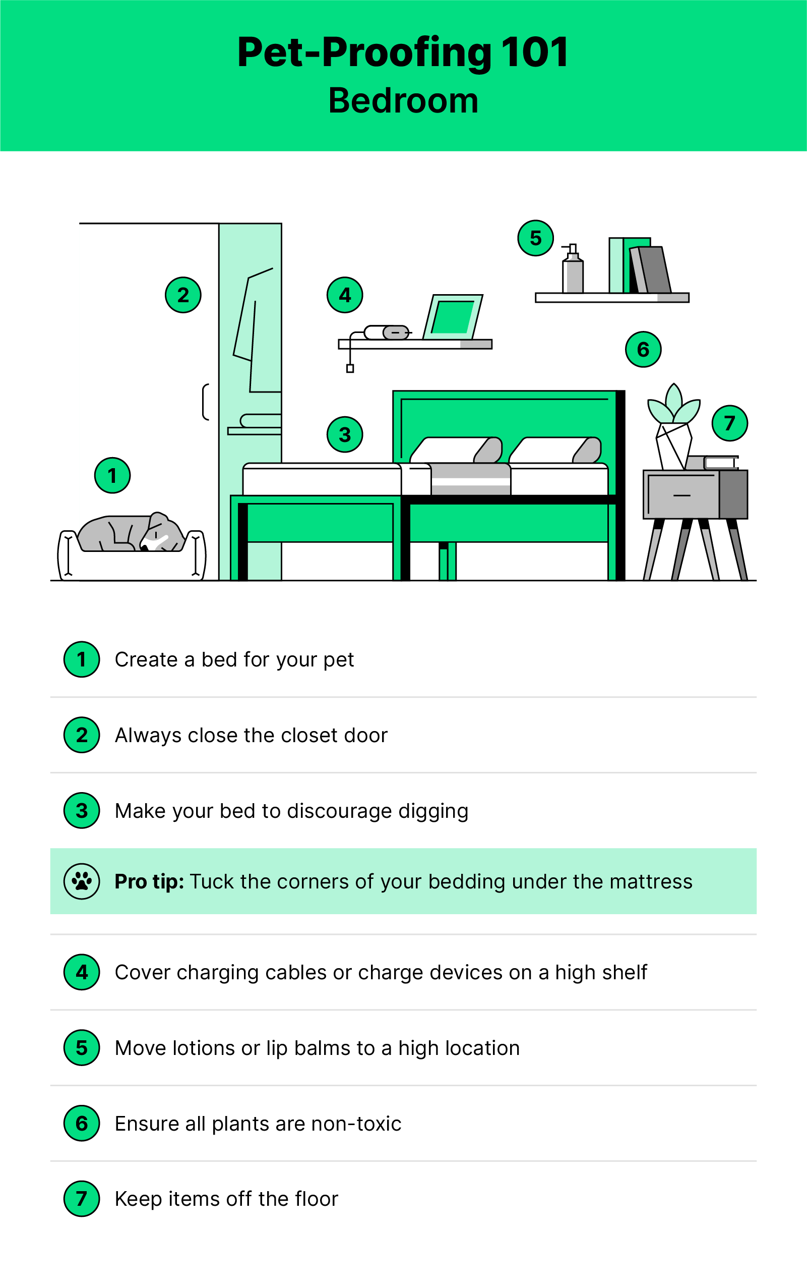 Green white and black illustration of a bedroom with a dog inside and pet proofing tips