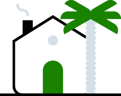 Illustration of a black and green house with a palm tree