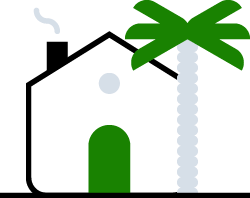 Illustration of a black and green house with a palm tree