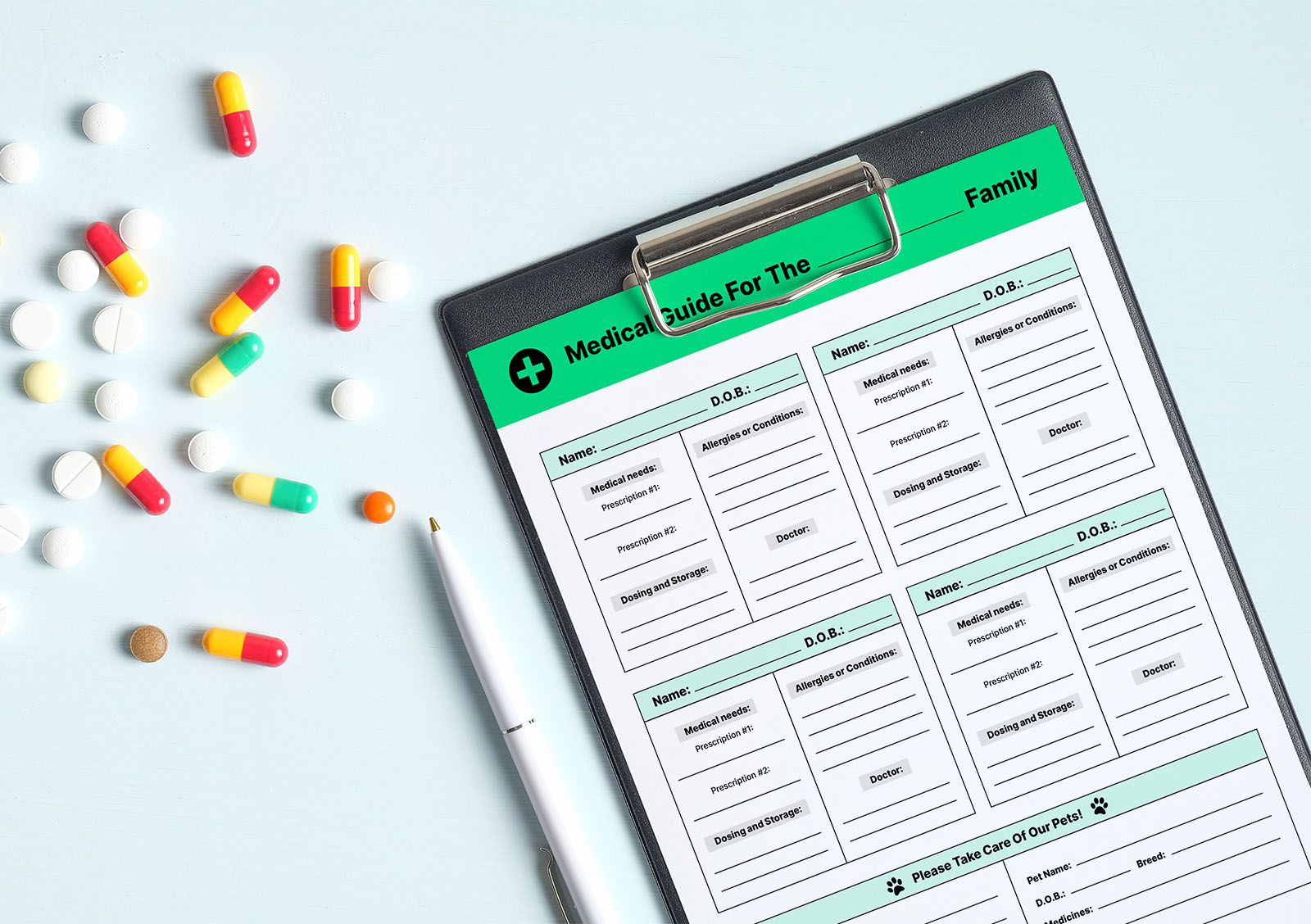 Image of a medical checklist on a clipboard with medicine nearby
