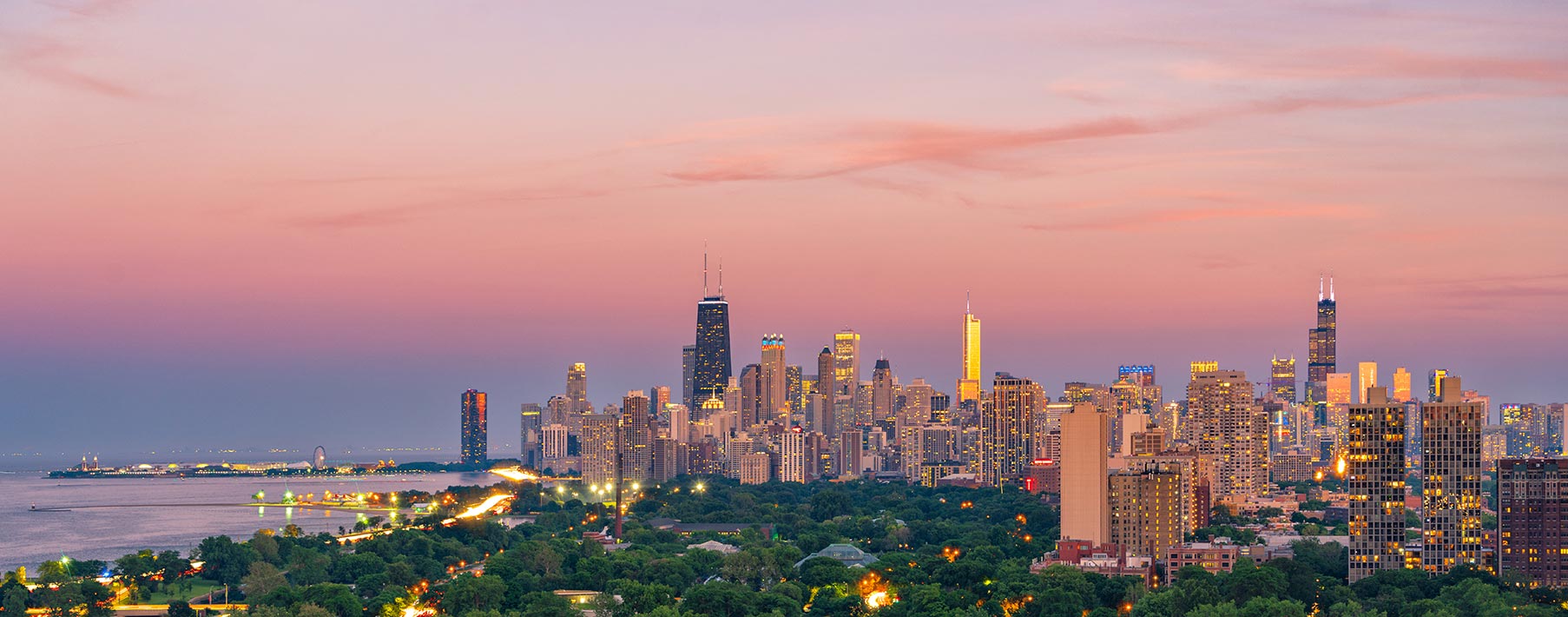 Chicago skyline with clouds and a pink sky