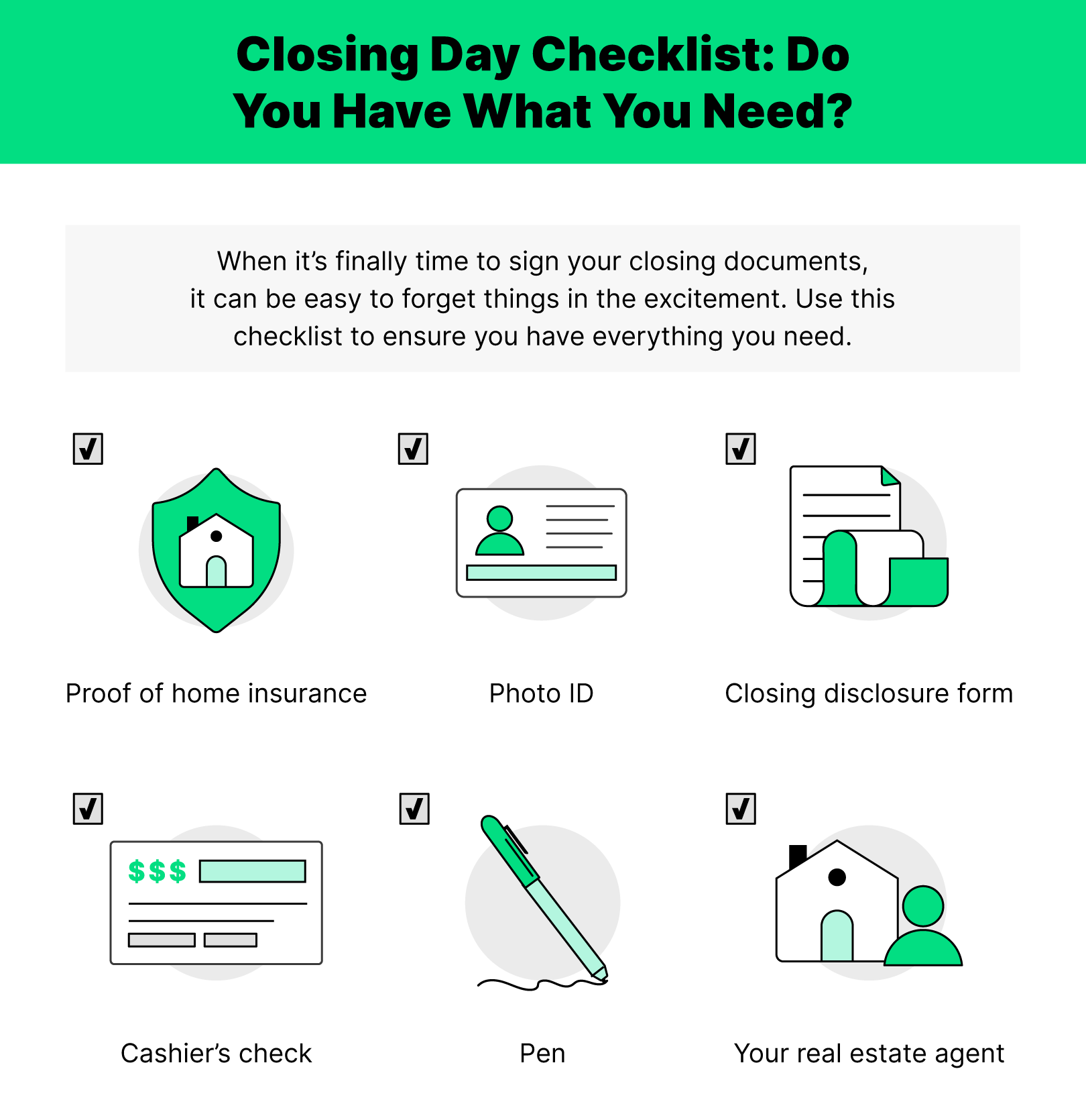 Illustrations of the things you need to bring to closing day