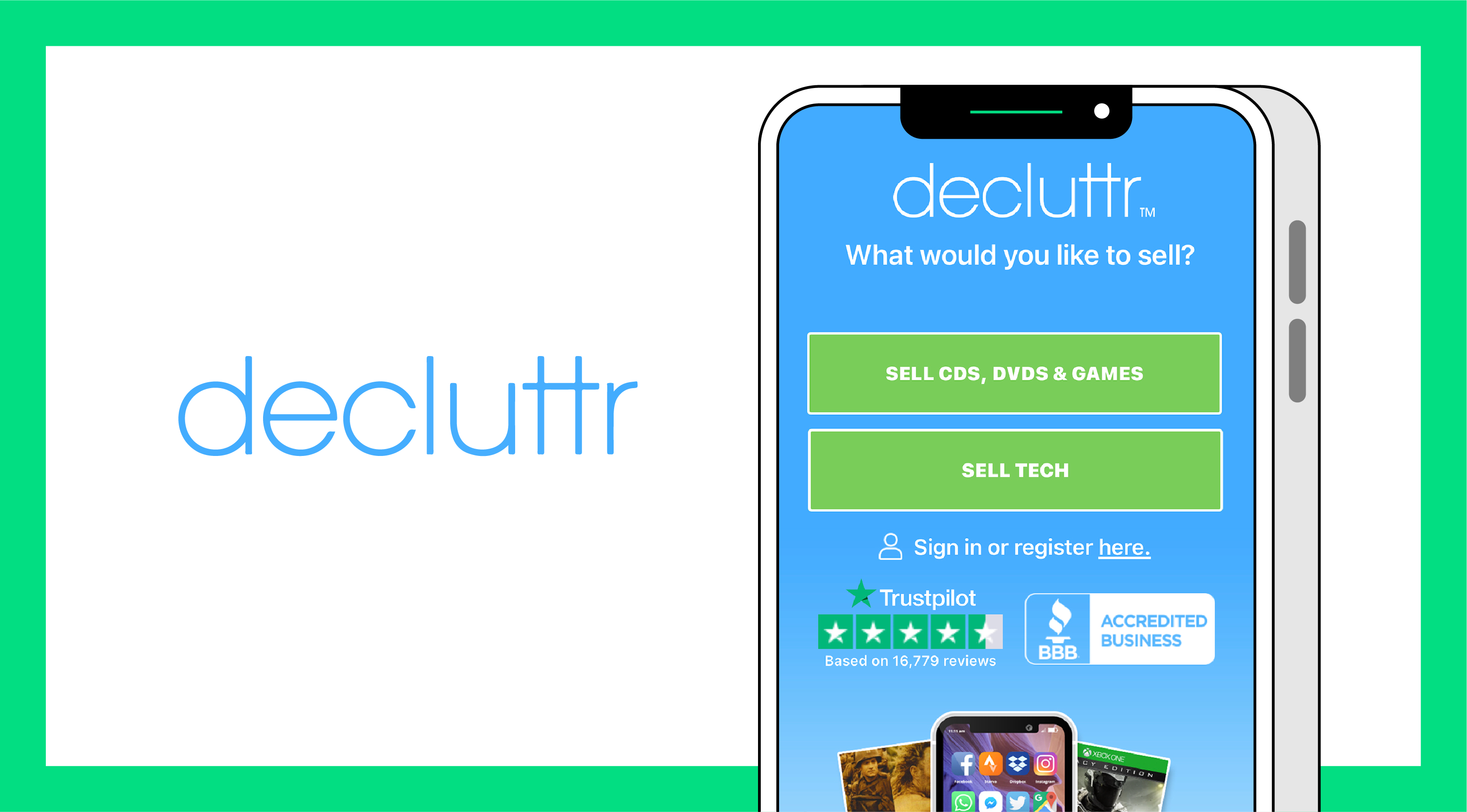 Image of a phone with the decluttr app on the screen surrounded by a green border