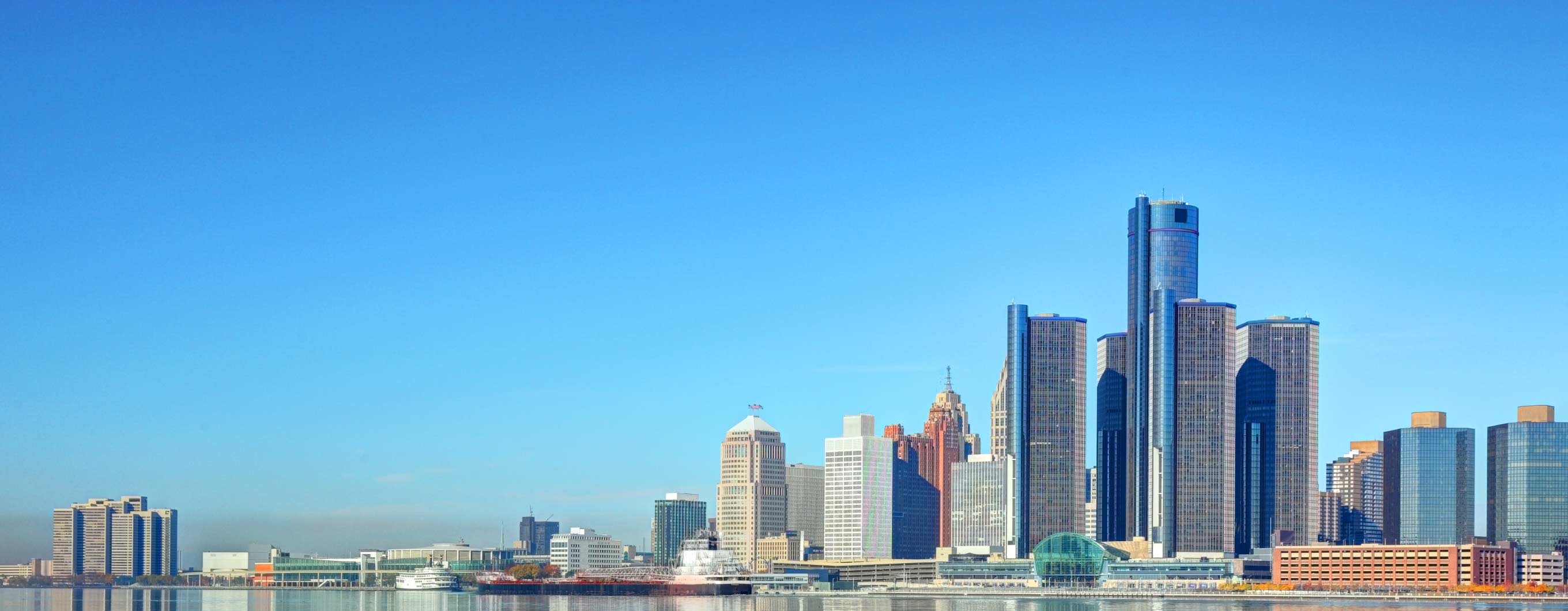 The Detroit skyline on a sunny, clear day.