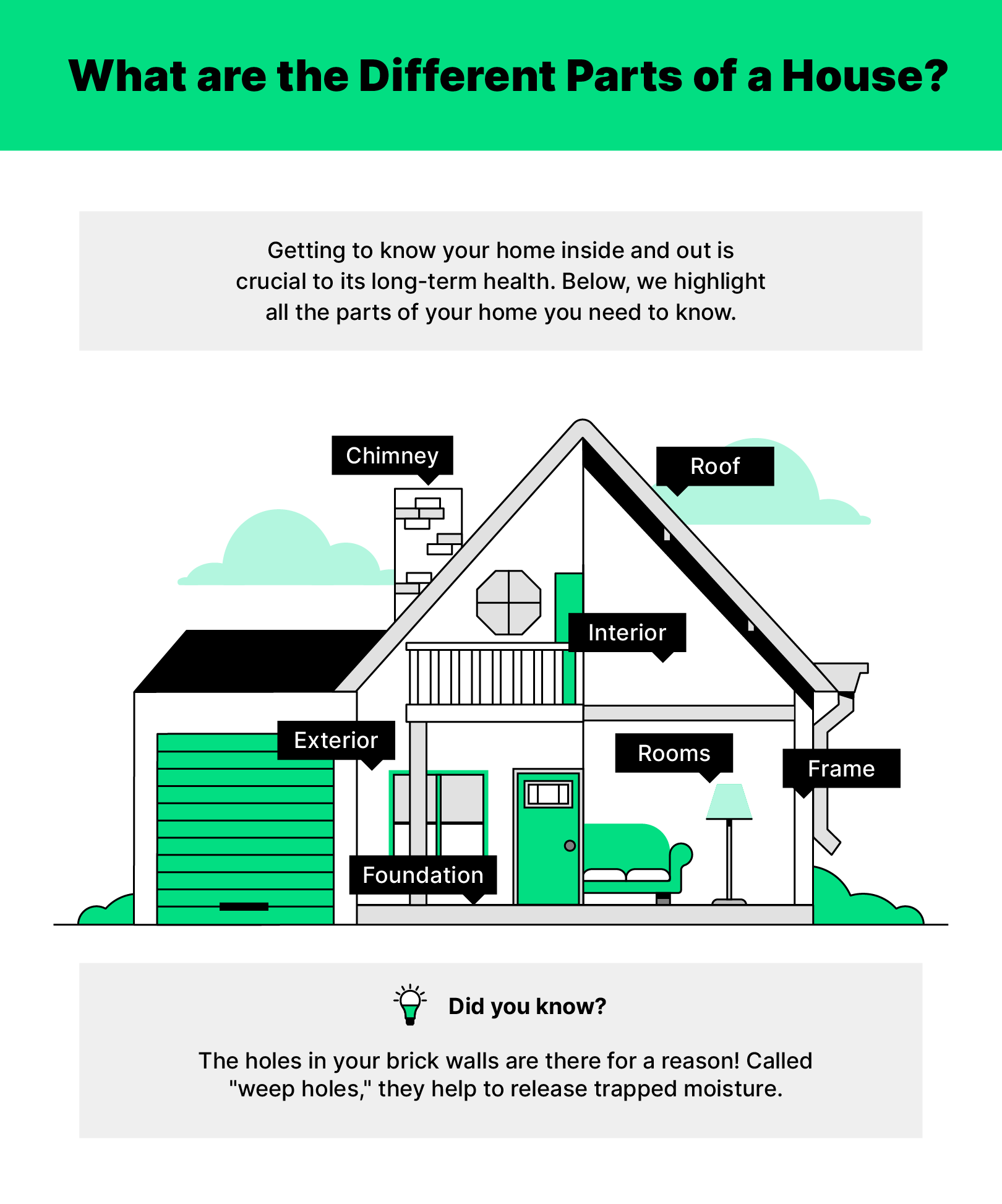 Illustration of a house with all the interior and exterior parts visible