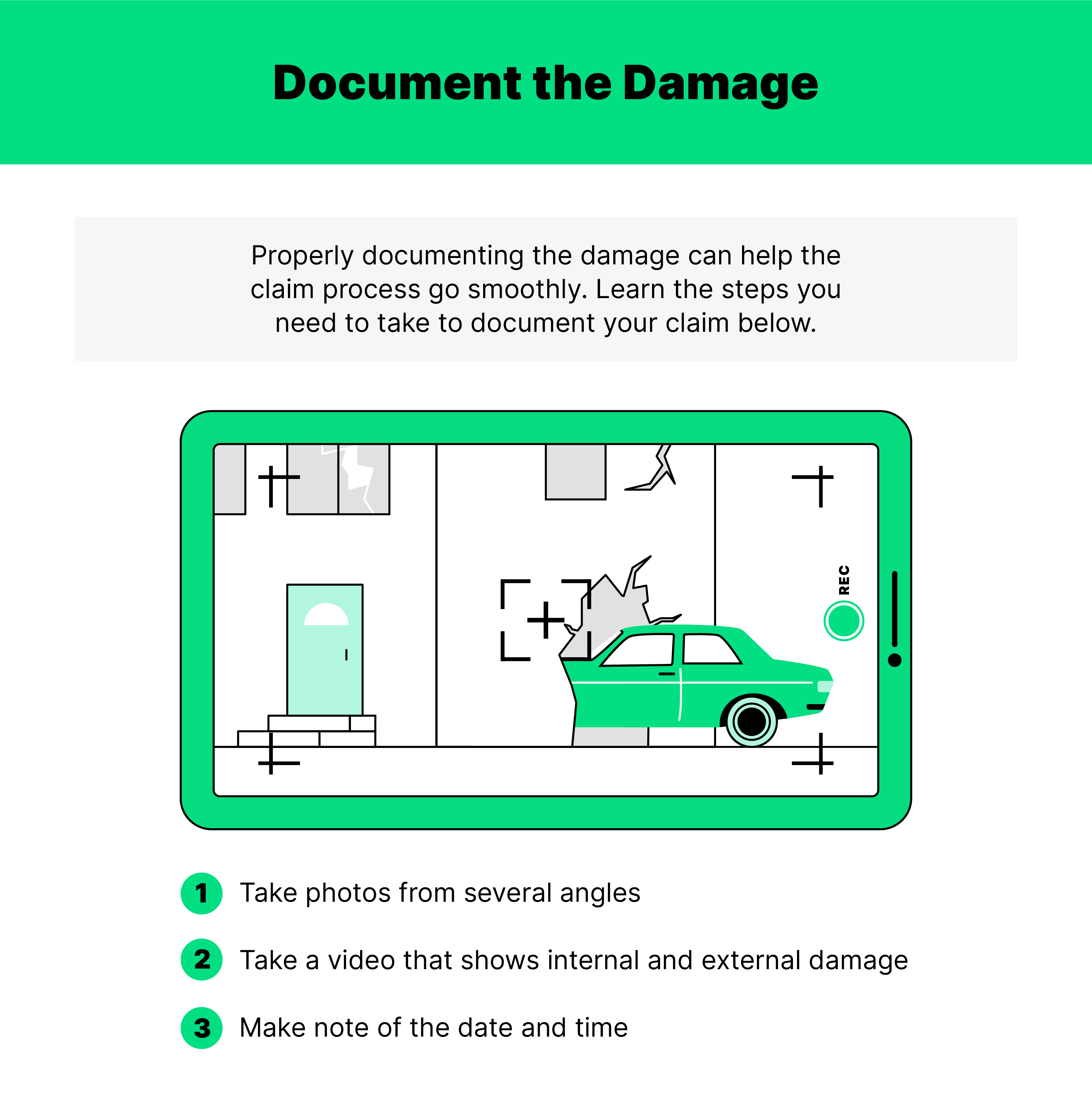 Illustration of a tablet showing a car crashed into a home with text