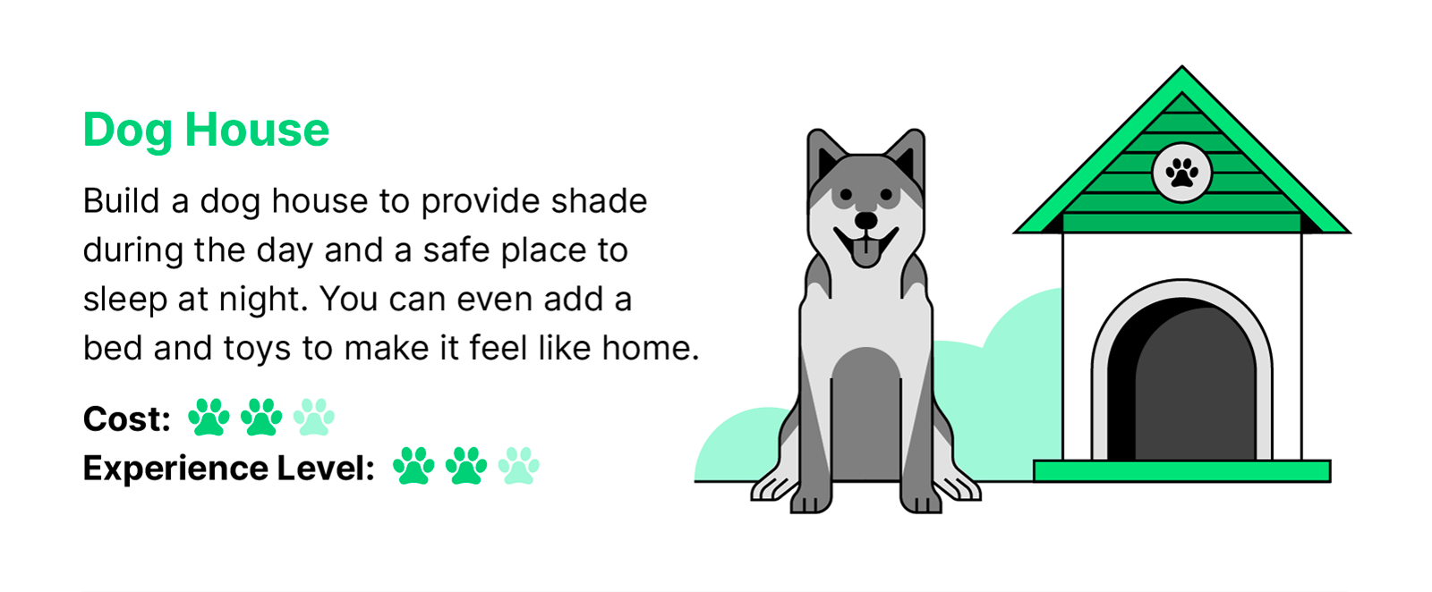 Green black and white illustration of a dog sitting next to a dog house with text