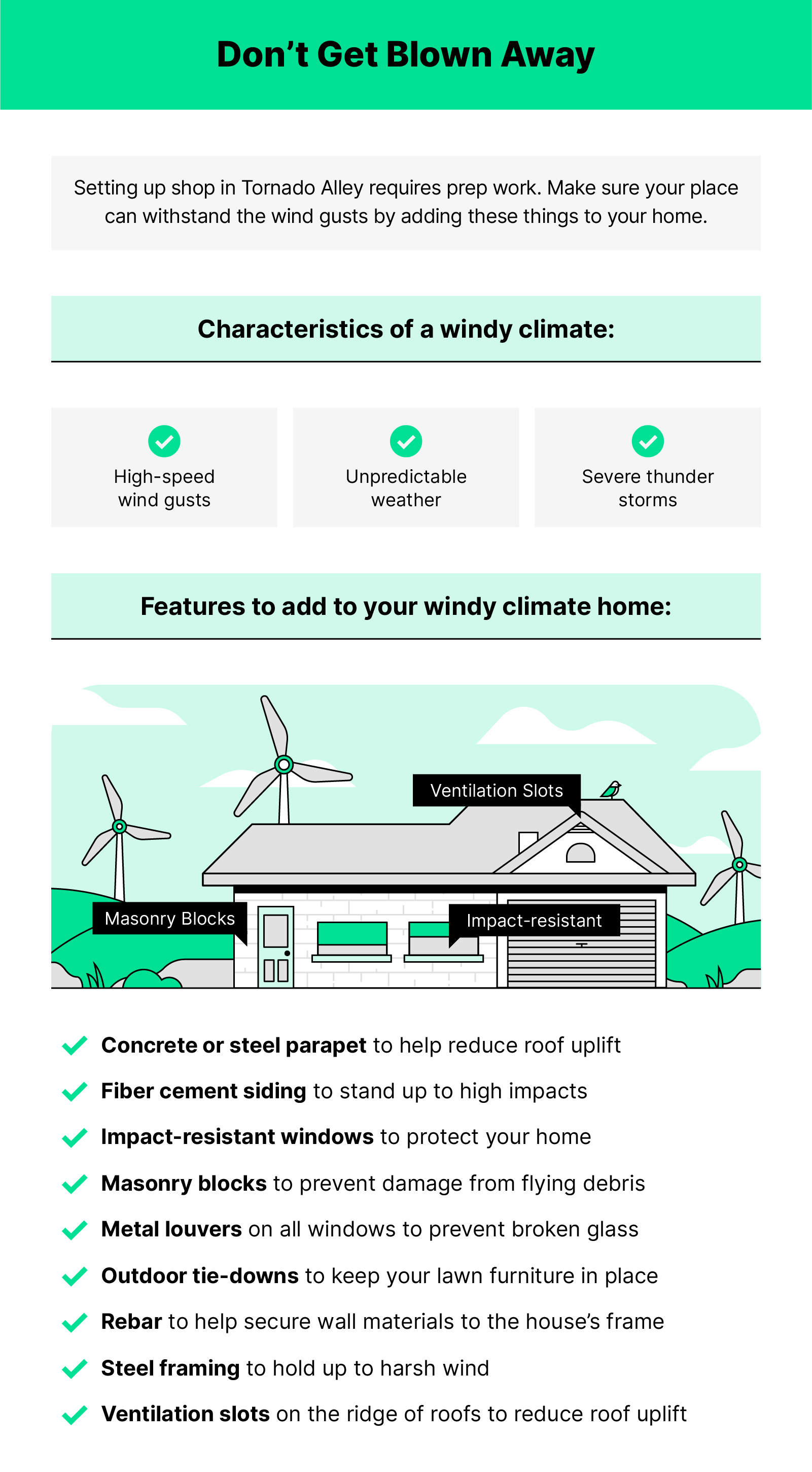 Illustration of a windy-climate home with text describing climate friendly materials
