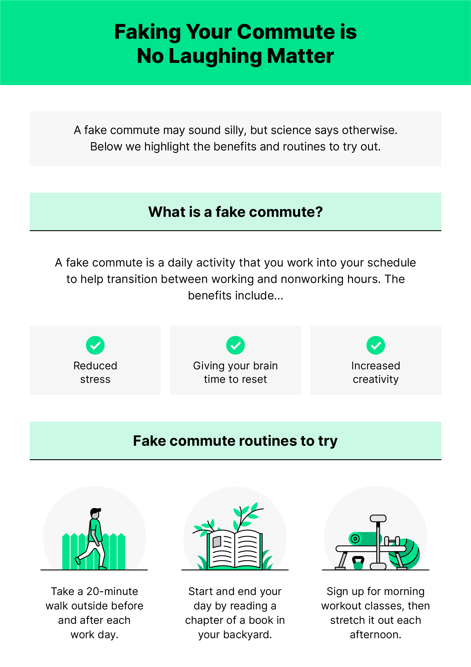 Info on fake commuting with small illustrations of a person walking outside, a book and exercise equipment