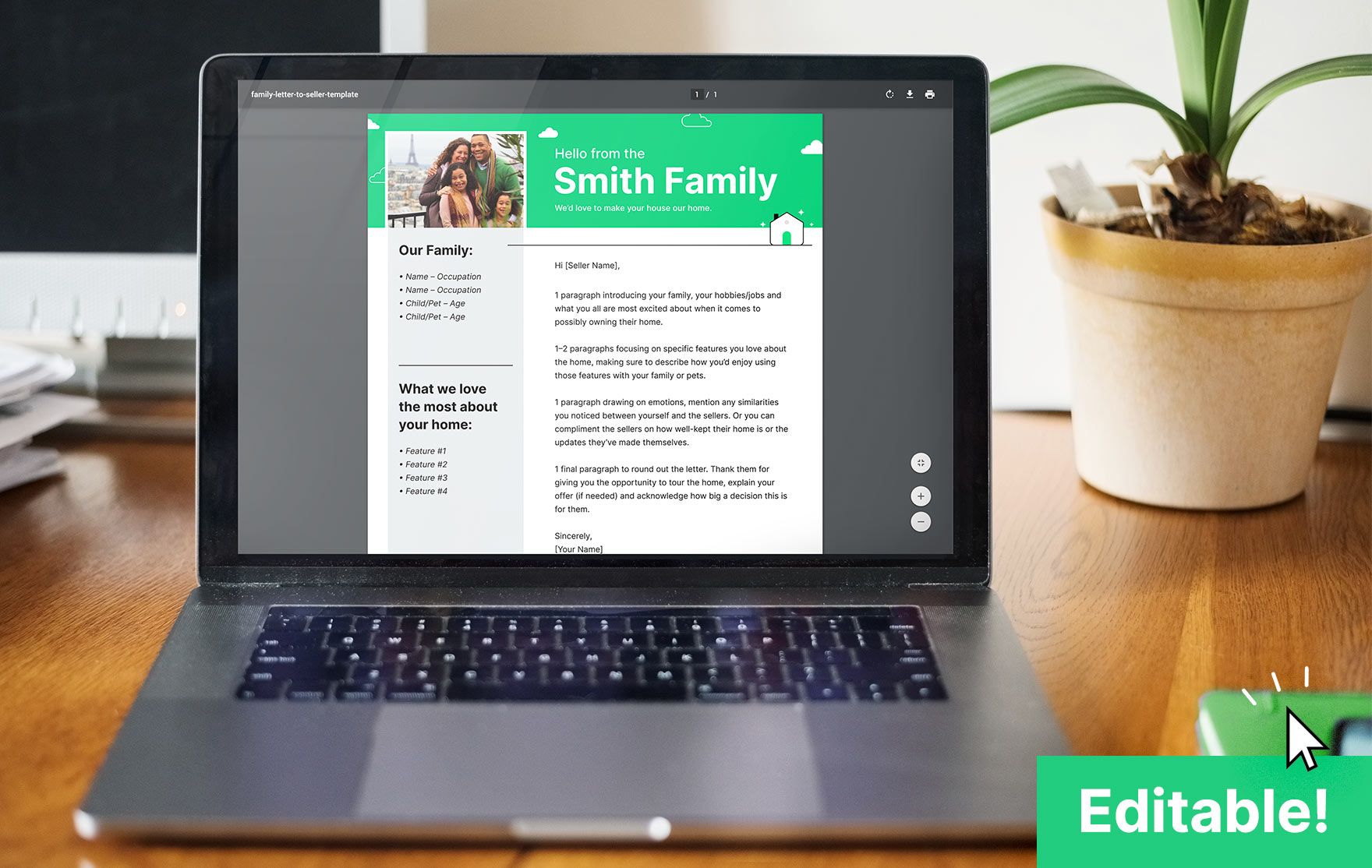 A laptop sitting on a desk next to a plant with a filled out family letter to seller on the screen