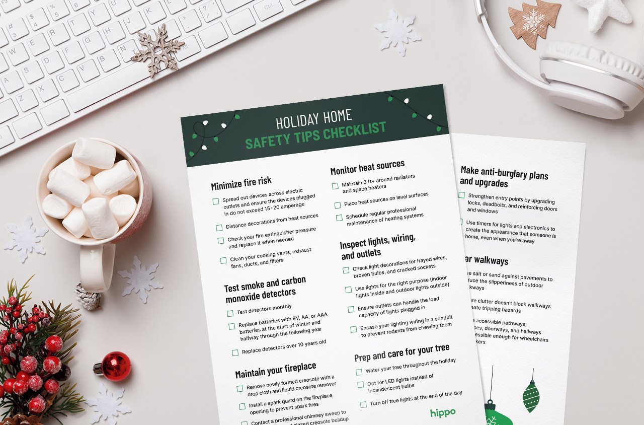 mockup of a holiday home safety tips checklist on a desk adorned with festive decor