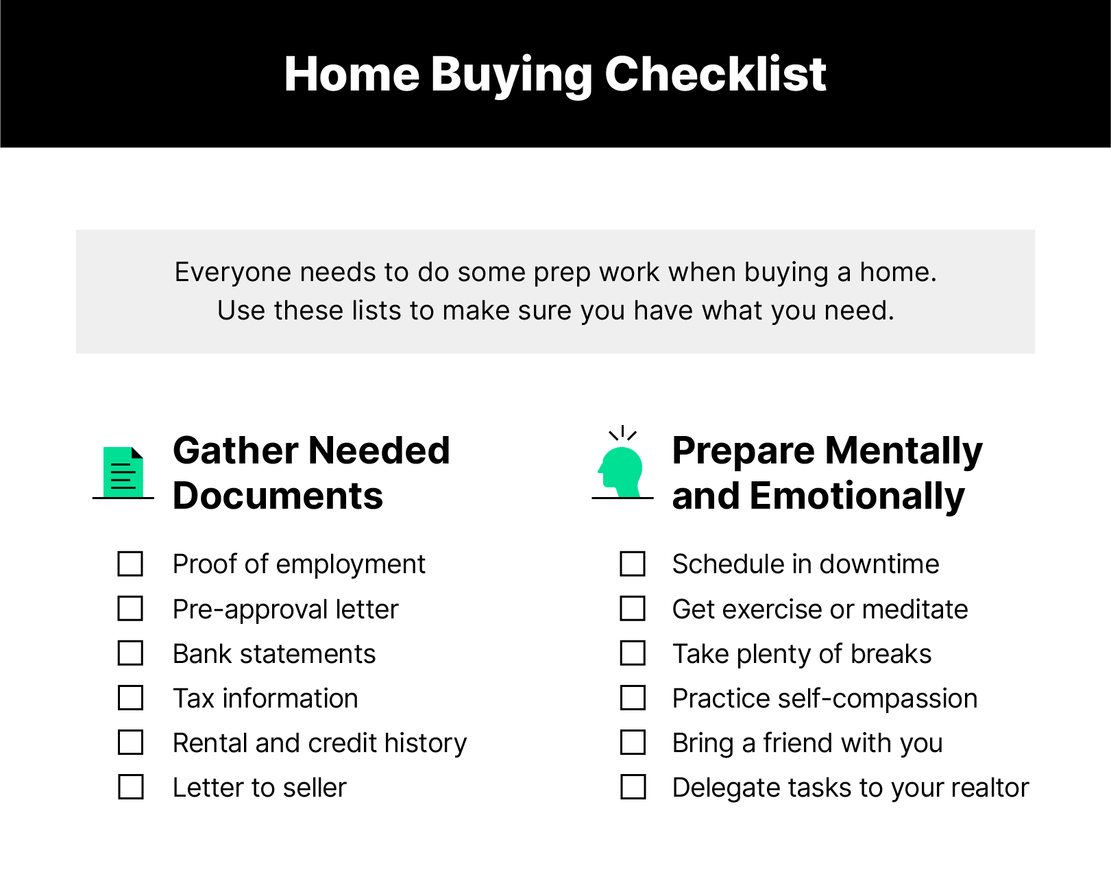 Checklist to buy a home with green illustrations of a head and a piece of paper