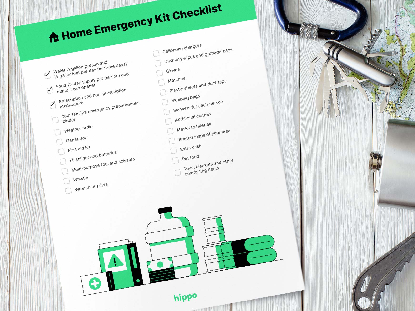 emergency kit checklist on a table