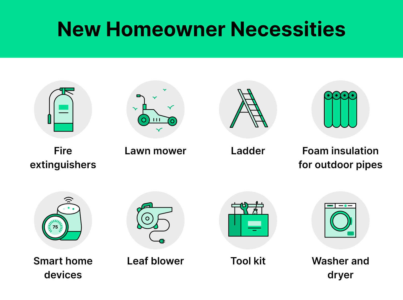 Green illustrations of each new homeowner need