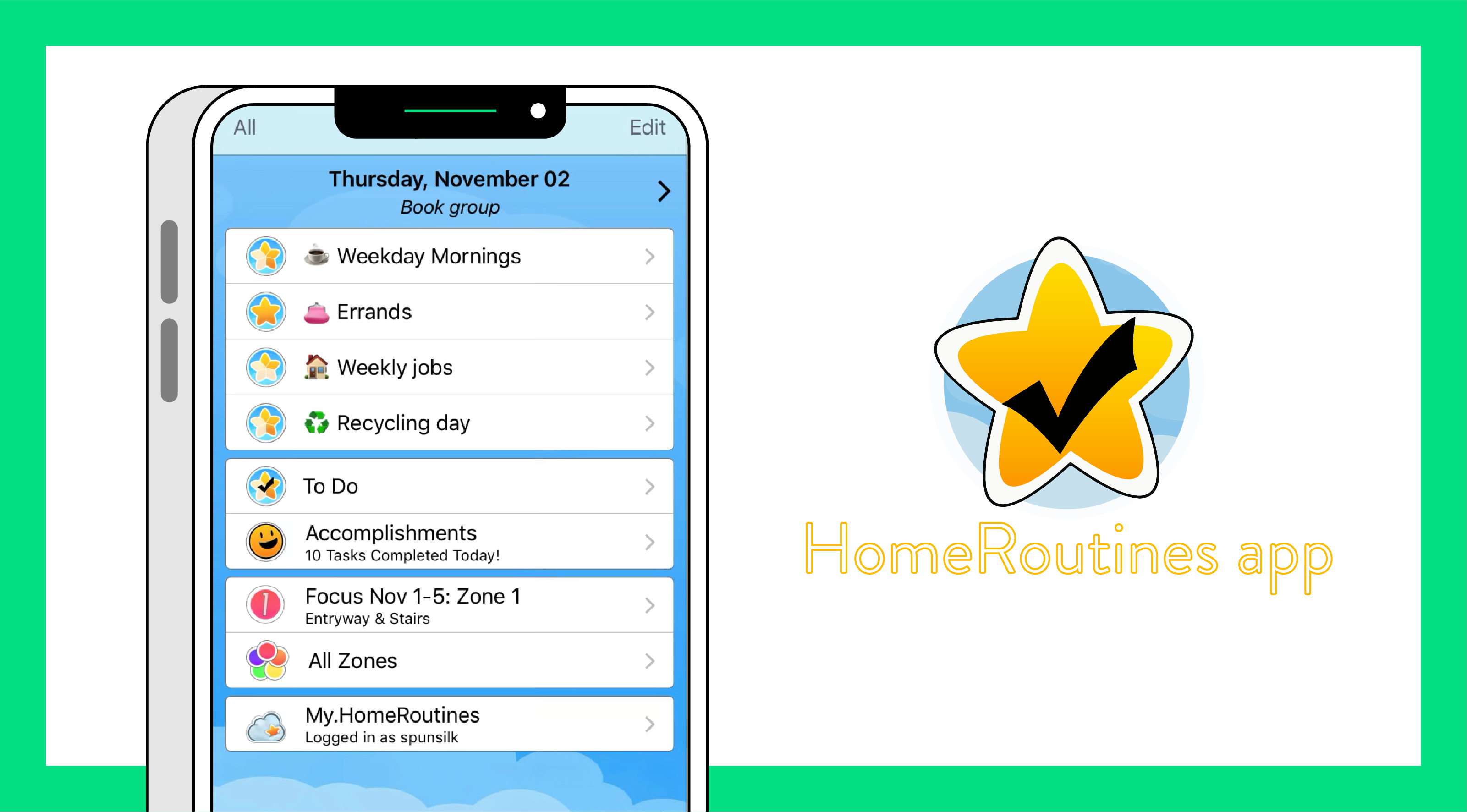 Image of a phone with the homeroutines app on the screen surrounded by a green border