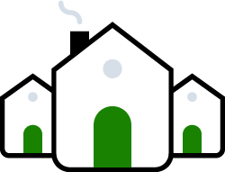 Illustration of three houses with a chimney and smoke on the front one