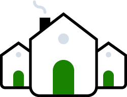 Illustration of three houses with green doors and smoke coming out of the chimney of one