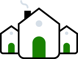 Illustration of three houses with green doors and smoke coming out of the chimney of one