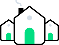 Illustration of three houses with green doors and smoke coming out of the chimney of one