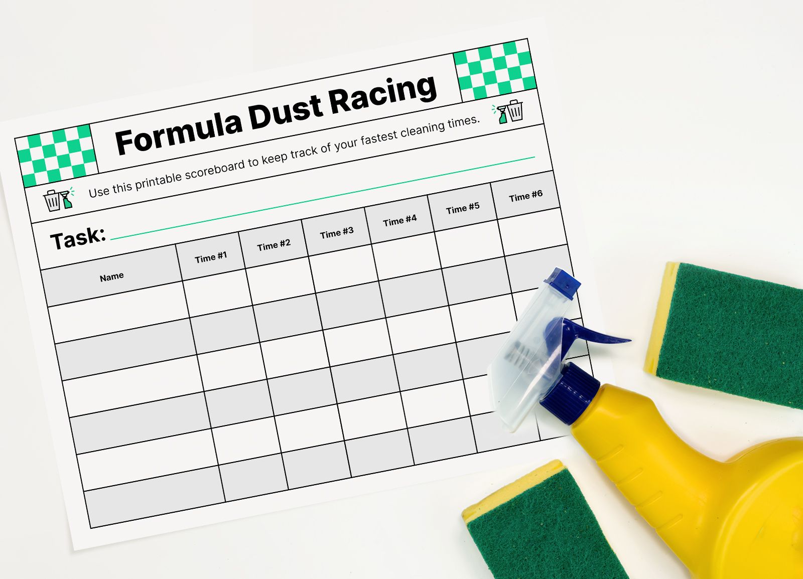 A printable score board sits among cleaning supplies like a spray bottle and sponges.