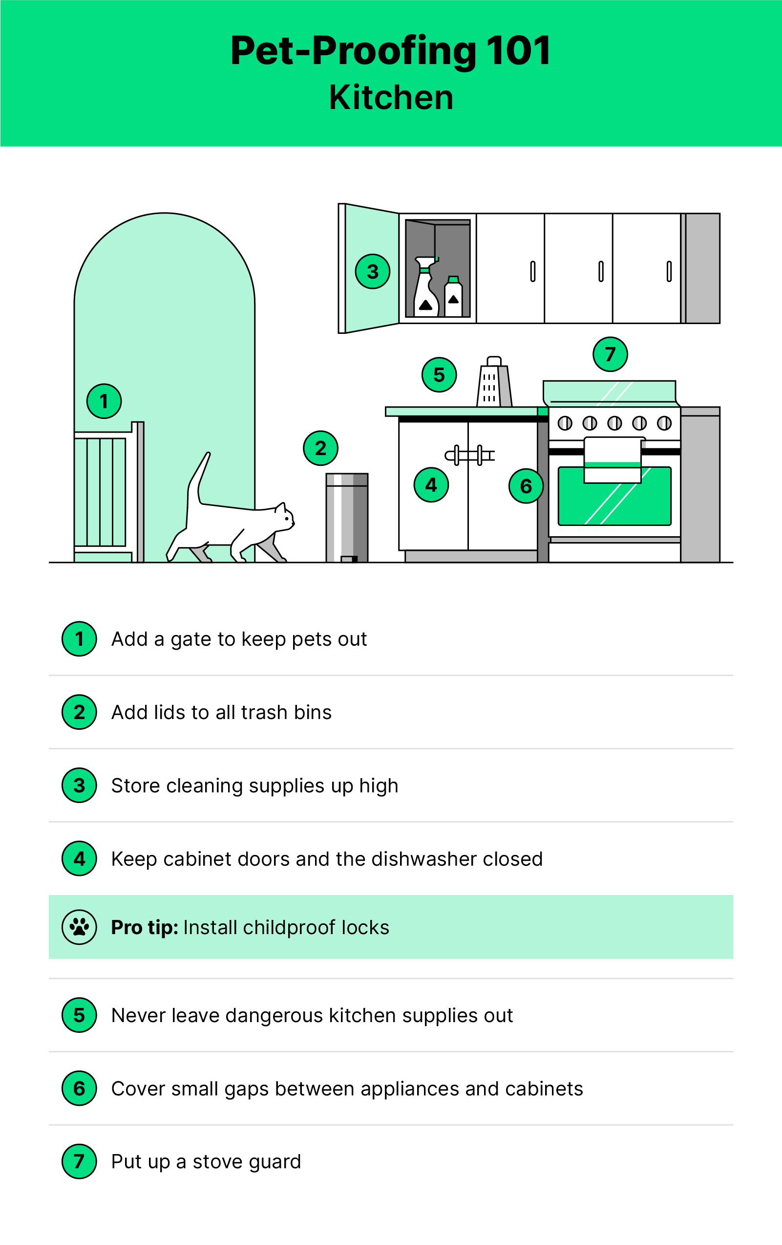 Green white and black illustration of a kitchen with a cat and pet proofing tips