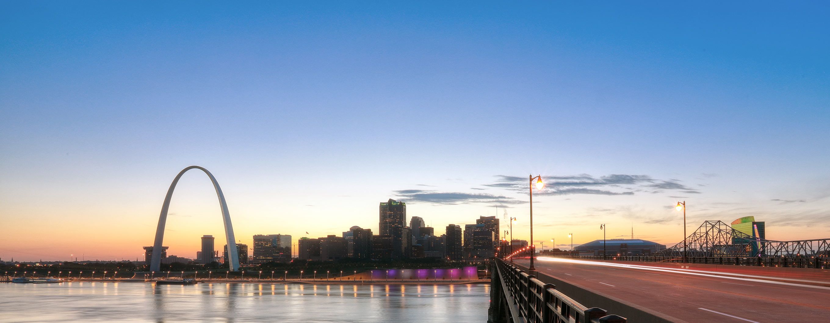 Image of the St Louis skyline with a bridge, water and an arch