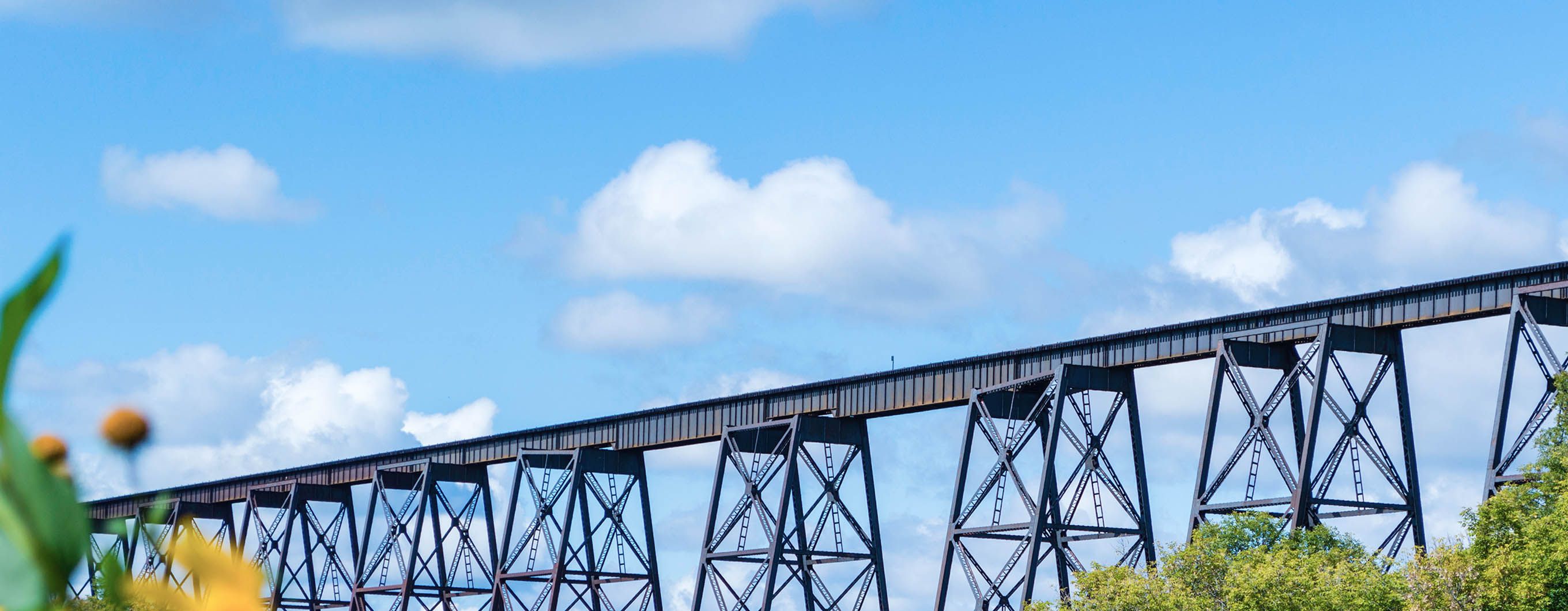 Image of a metal structure in a field with a blue sky with clouds in the background