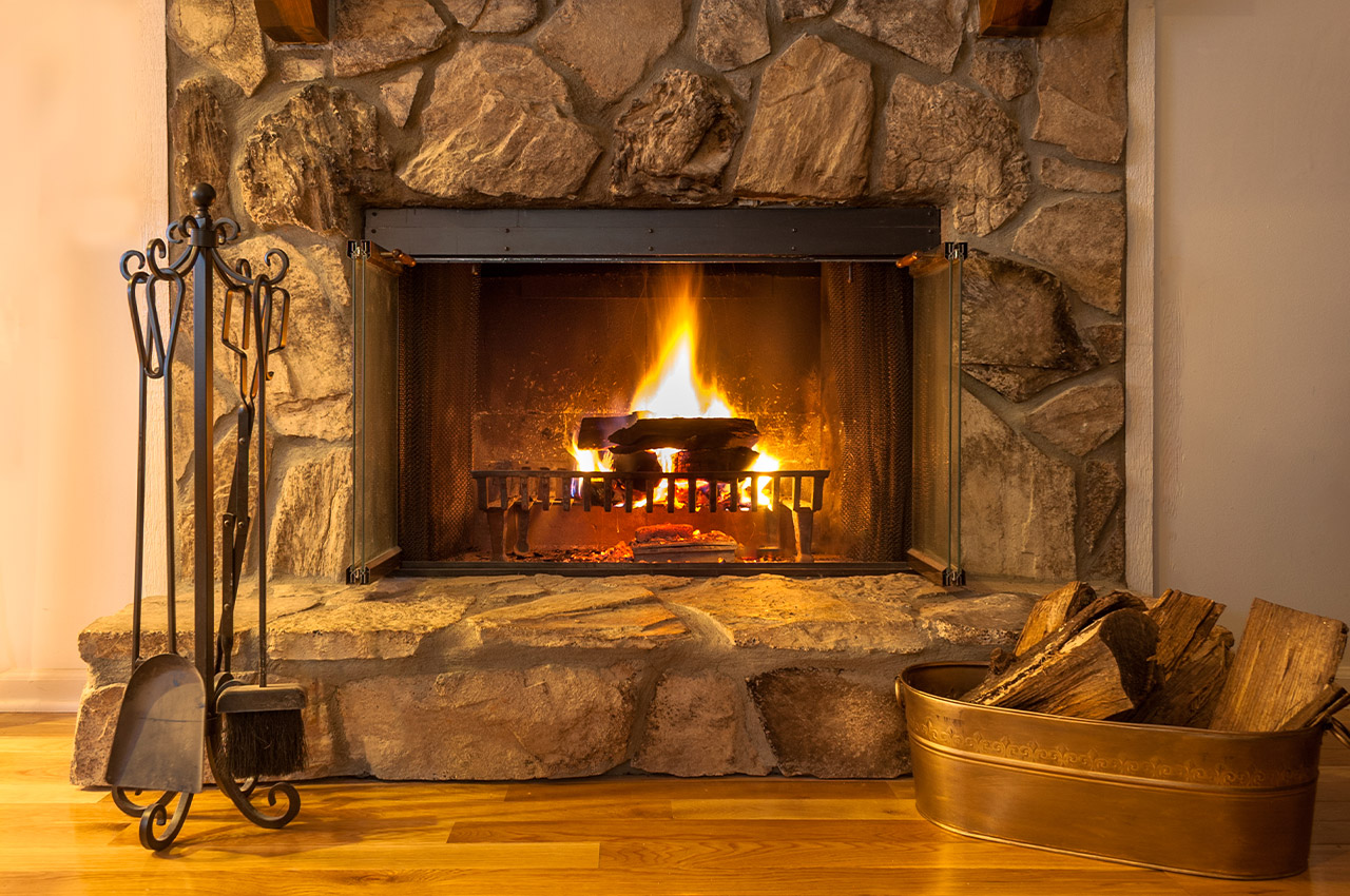 fireplace with crackling fire