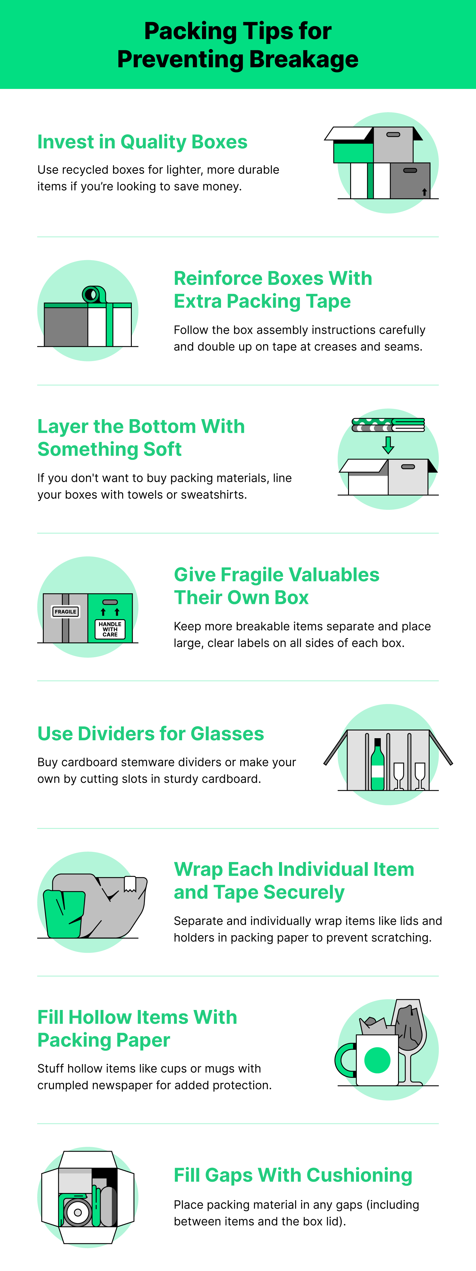 Graphic of packing tips with green, black and white illustrations of boxes being packed
