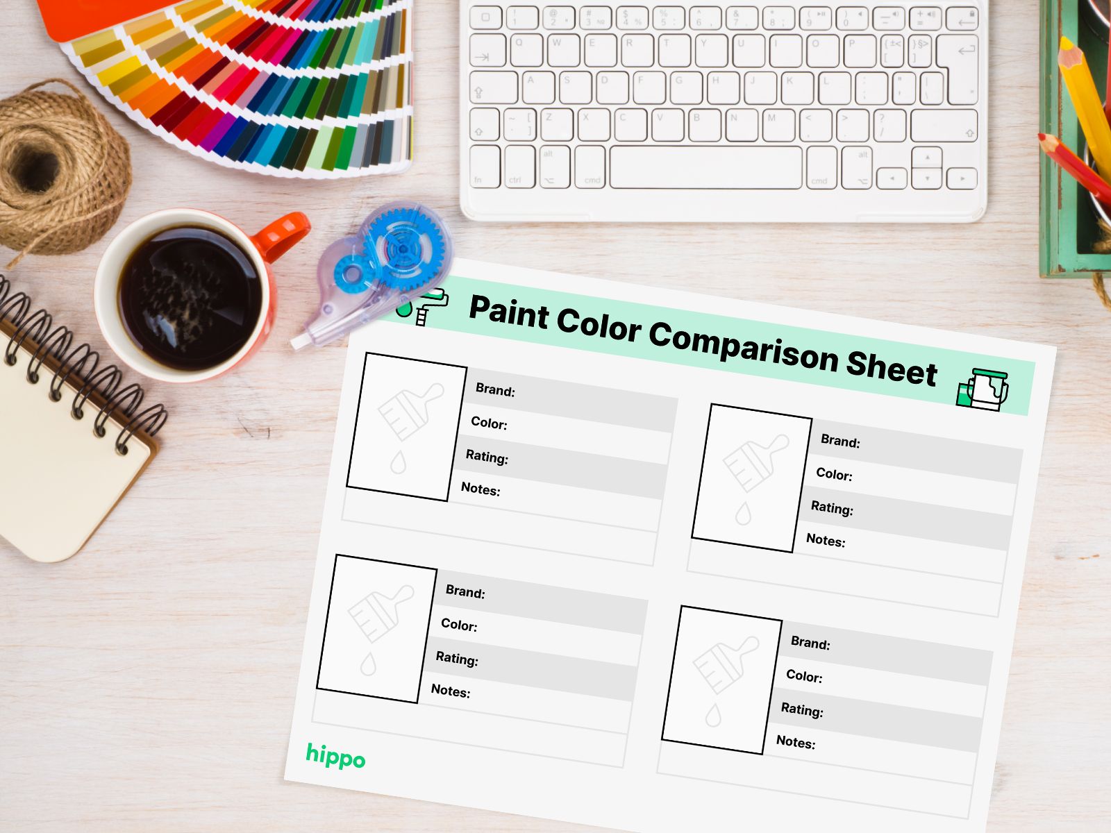 Paint comparison printable on a table by a cup of coffee and color swatches