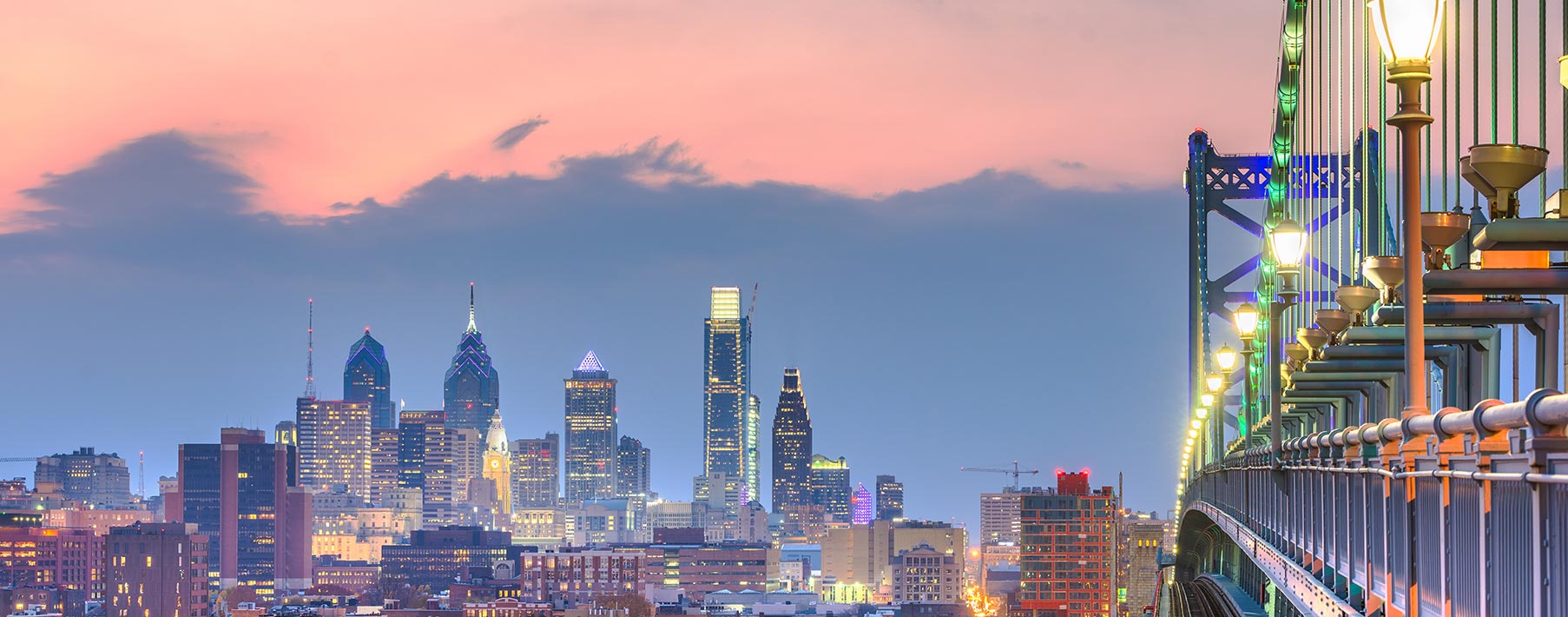 Image of the Philly skyline with a bridge on the right hand side