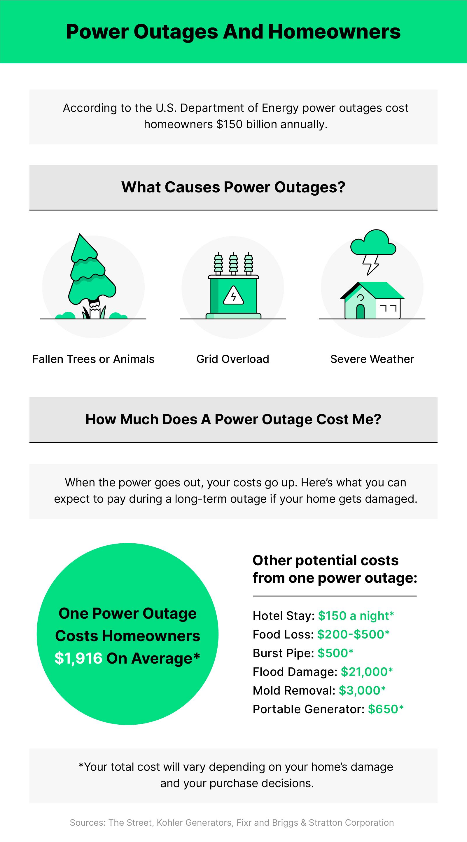 Green, black and white graphic with illustrations of a tree, a power system and a home with a storm