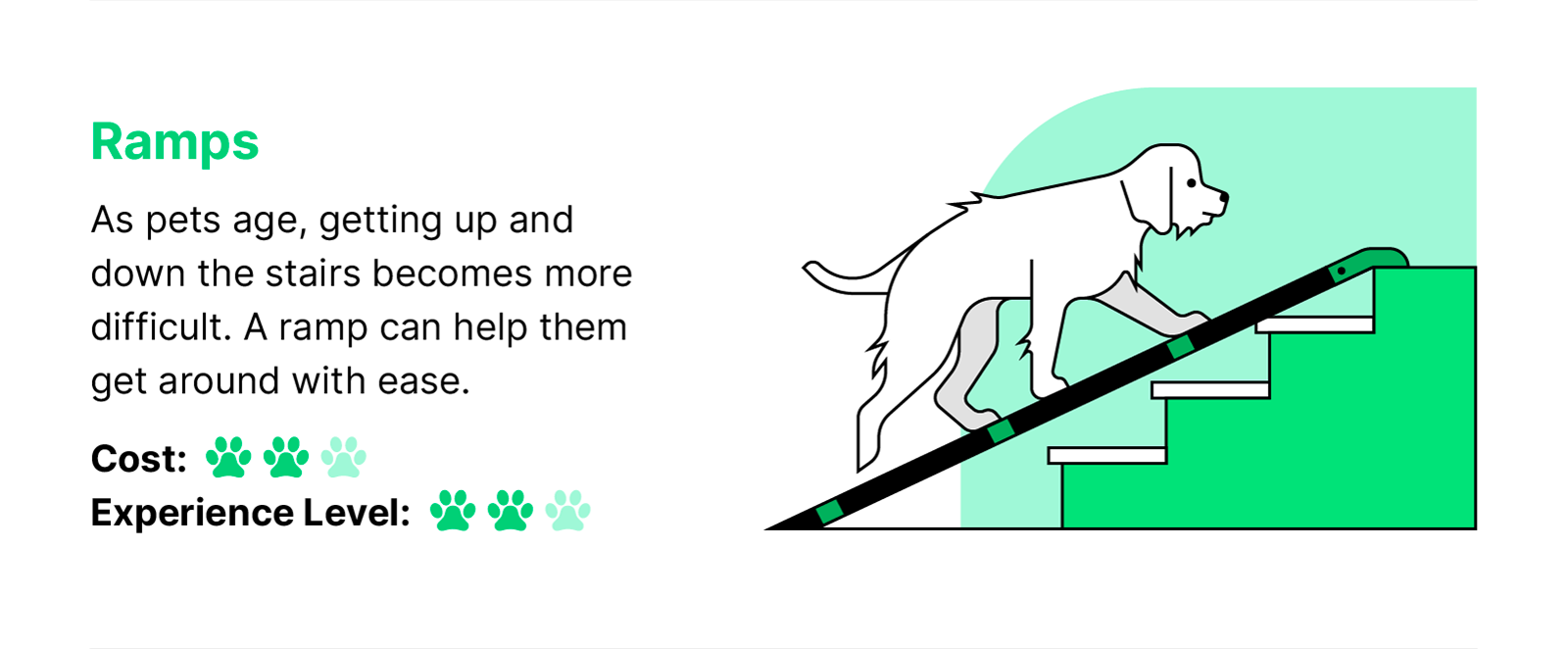 Green black and white illustration of a dog using a ramp to get up stairs with text