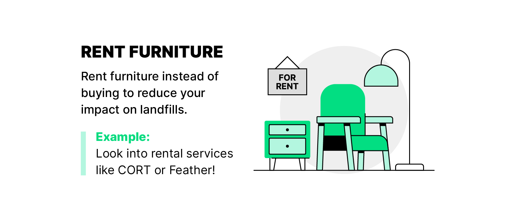 Illustration of pieces of furniture with a for rent sign nearby