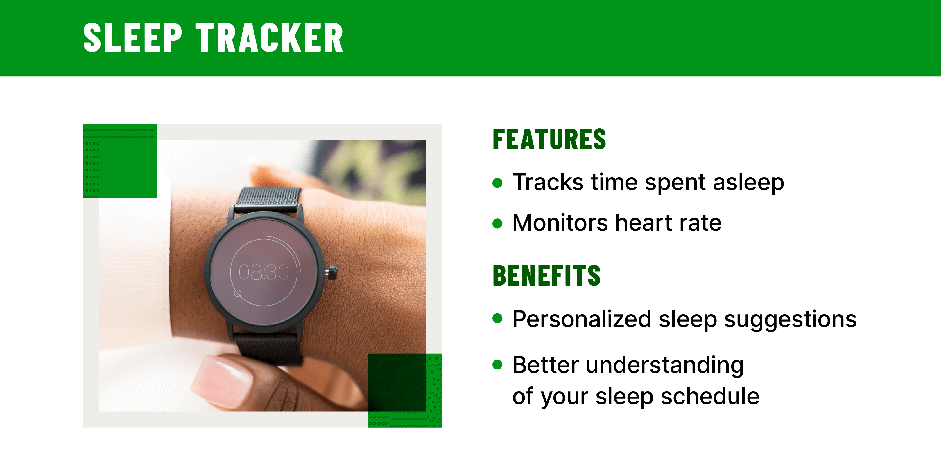 Image of a smart watch on someone's wrist with text describing the features and benefits