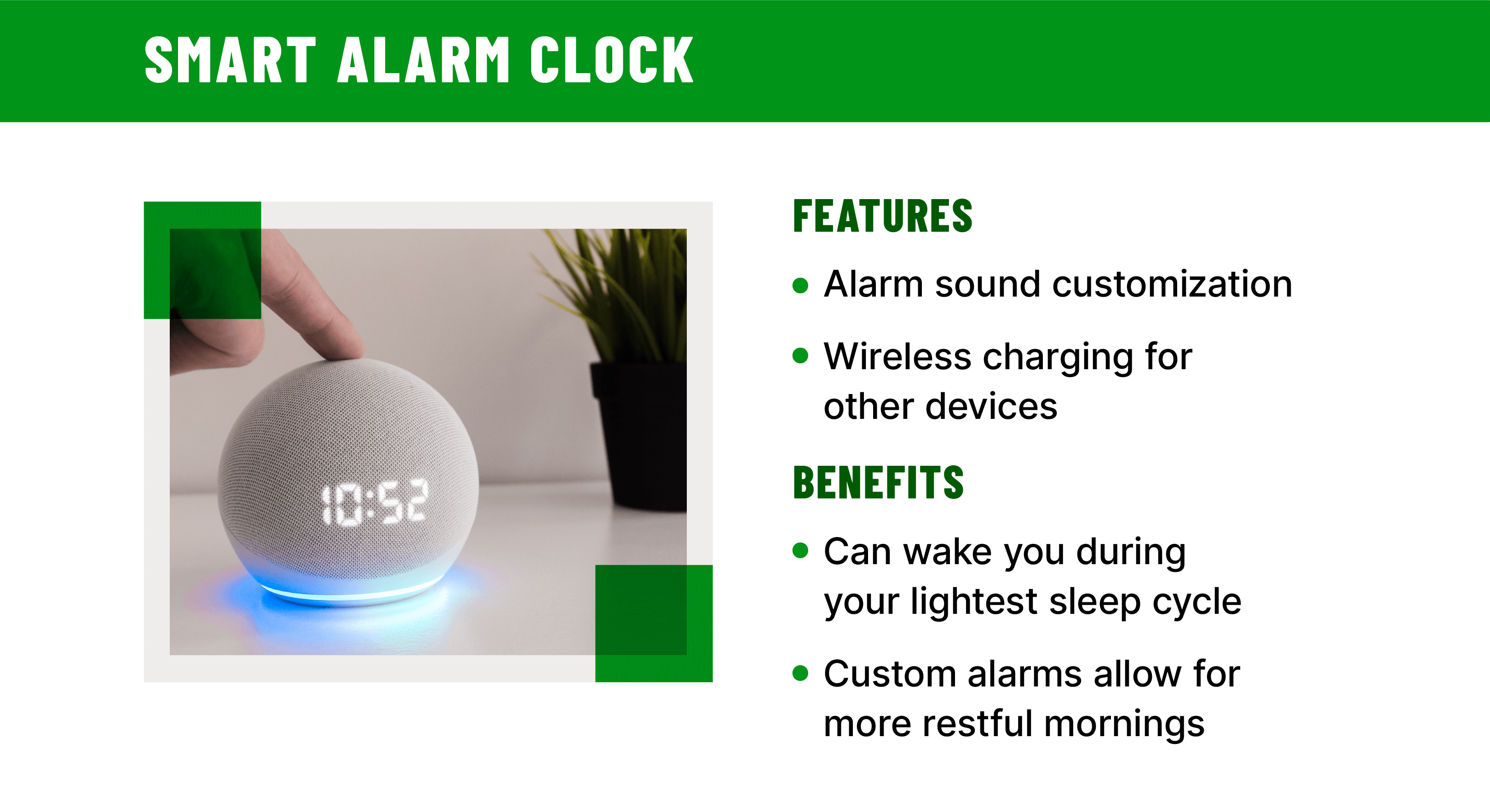 Image of a smart alarm clock with text describing the features and benefits