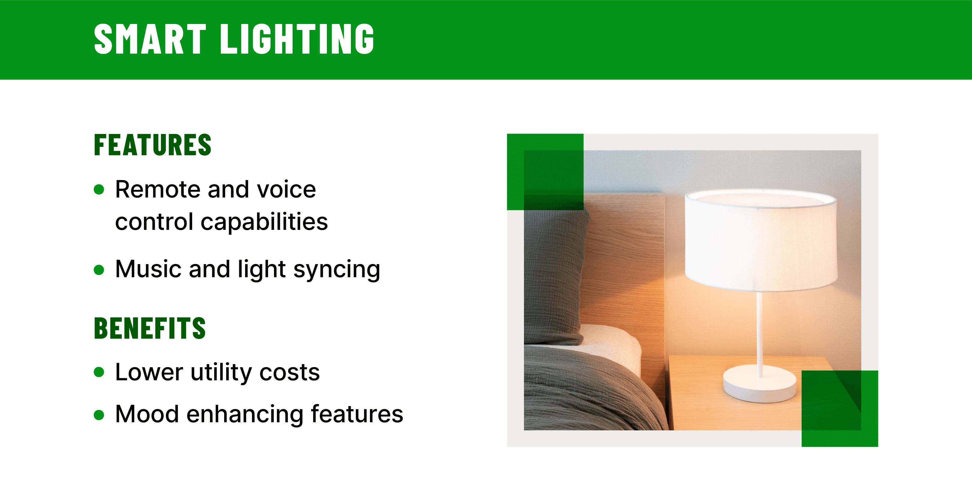 Image of a light on a nightstand with text describing the features and benefits